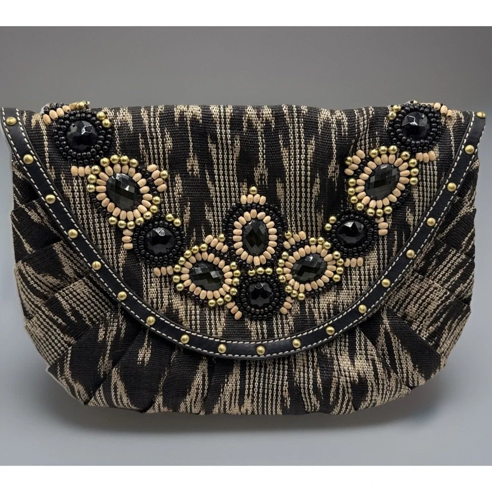 Rafe Large Beaded Clutch Handbag Leather Stones 12x9 Chain Strap